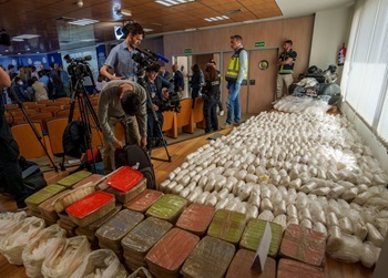 Spanish National Police displays part of 1,800 kilograms of methamphetamine seized on May 16.