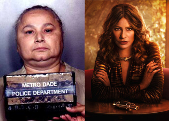 Side-by-side images of the actual Griselda Blanco and the Netflix series cover. Imagenes al lado de la Griselda Blanco actual y el imagen promocional de la serie de Netflix.