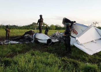 Security forces guard a burned drug plane in Colón, Honduras